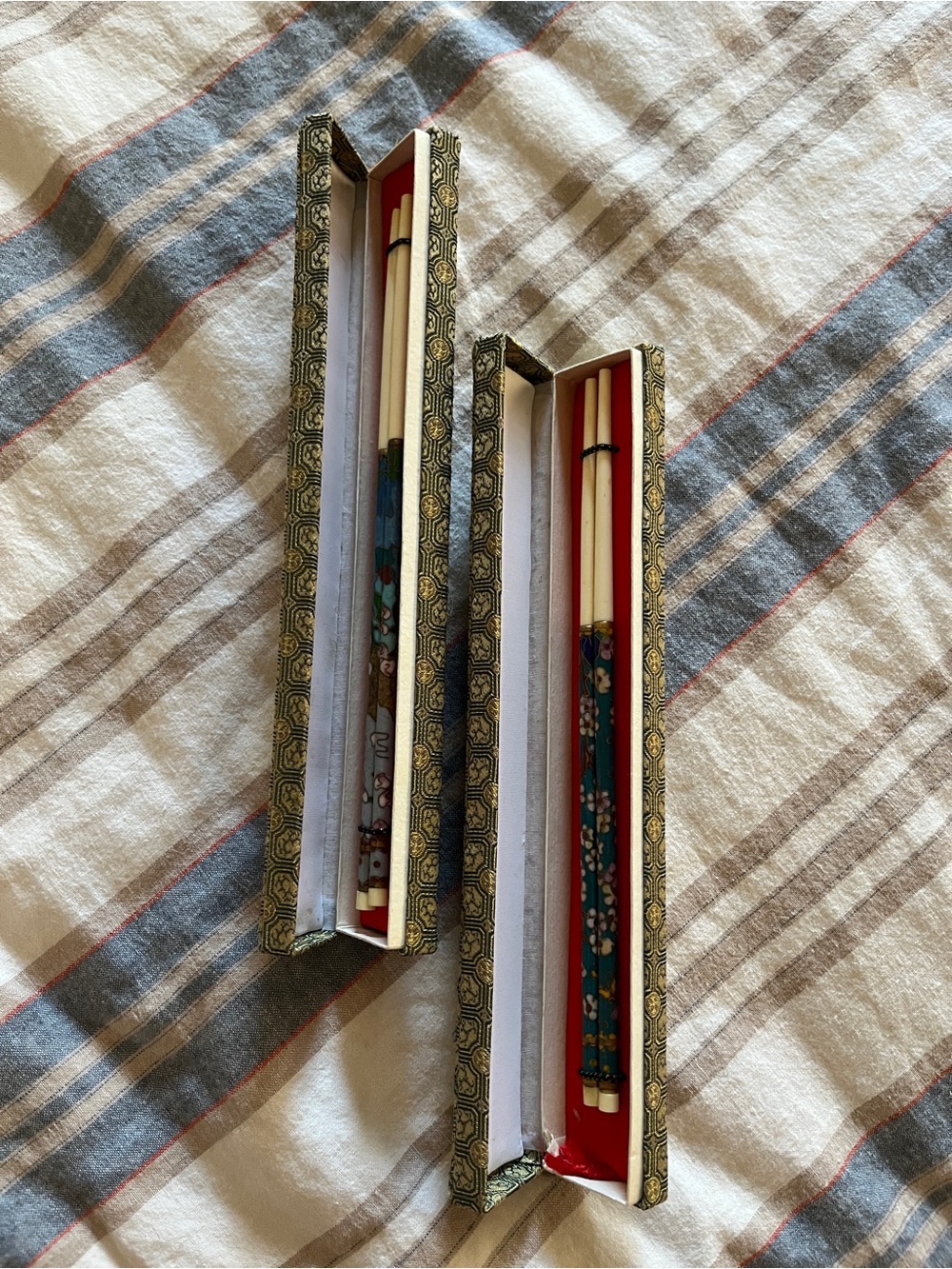 Vintage Chinese Cloisonné Enamel Chopsticks with Original Cases (Set of 2 Pairs)